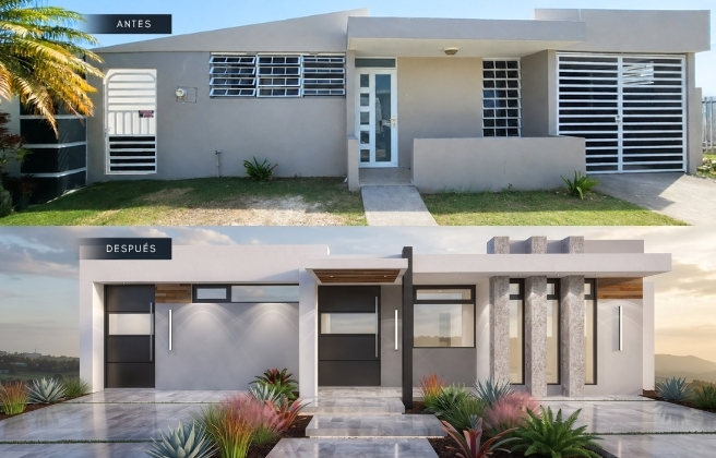 Antes y después de remodelación digital de fachada residencial en Puerto Rico por Elite Atelier