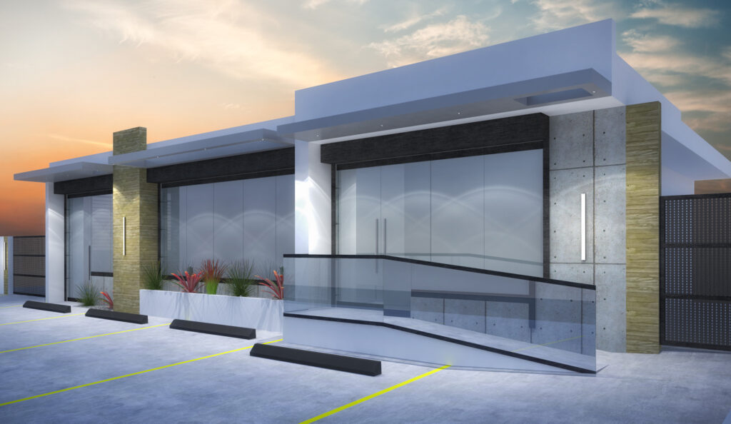 3D rendering of a modern commercial facade with accessibility ramp and front landscaping