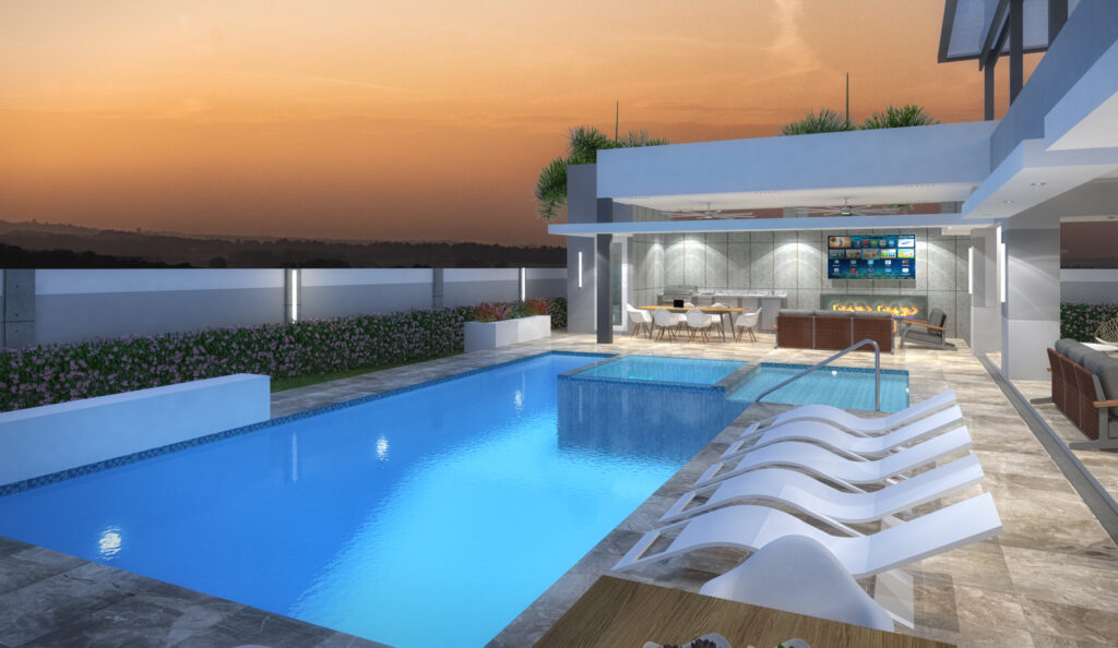 Luxury terrace and pool area at sunset