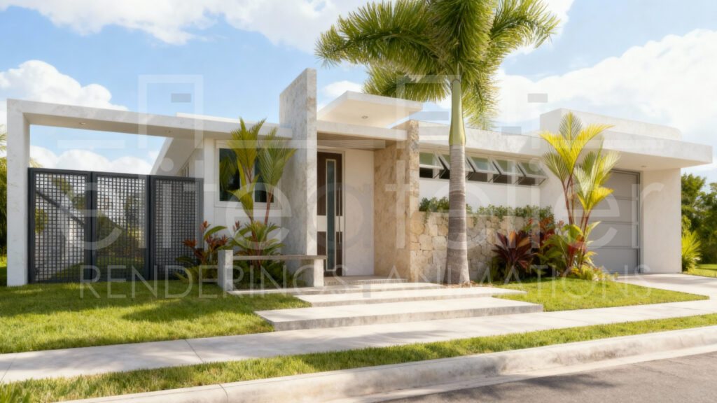 Fachada residencial moderna después de la remodelación digital, con piedra natural, celosía metálica y paisajismo tropical
