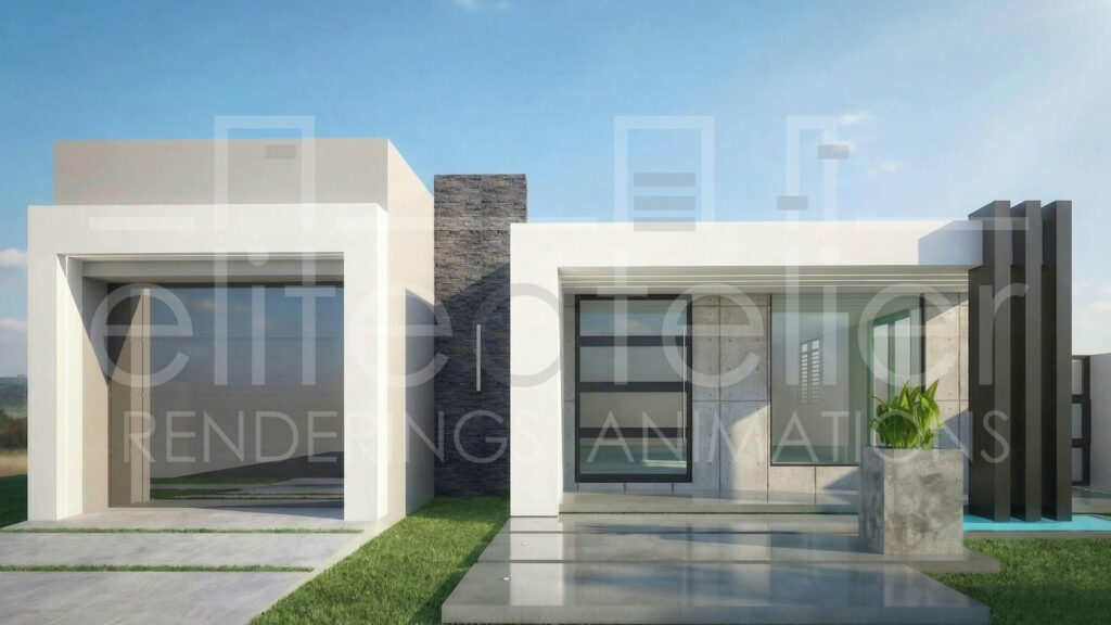 Fachada residencial moderna después de la remodelación digital, con concreto expuesto, piedra natural y celosías contemporáneas