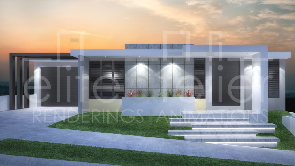 Fachada residencial moderna después de la remodelación digital, con iluminación arquitectónica, concreto expuesto y diseño minimalista