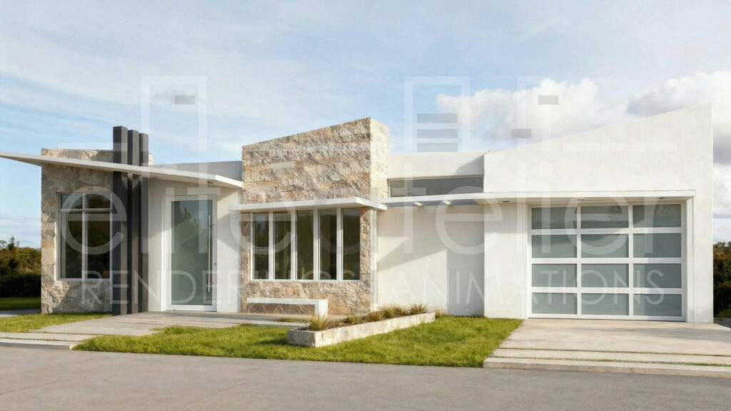 Fachada residencial moderna después de la remodelación digital, con piedra natural, volúmenes blancos y garaje contemporáneo