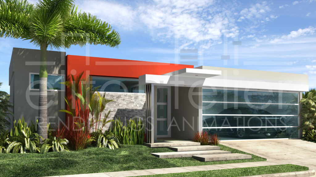 Fachada moderna contemporánea con acento rojo, piedra decorativa y garaje de vidrio en diseño minimalista