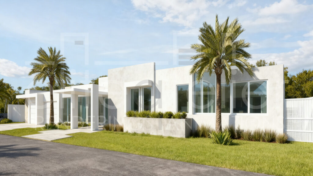 Fachada moderna minimalista en color blanco con ventanales de vidrio y paisajismo tropical contemporáneo