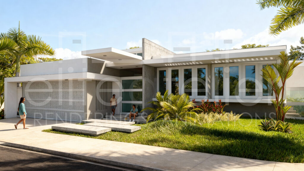 Fachada moderna tropical con diseño minimalista, ventanales de vidrio, concreto expuesto y paisajismo contemporáneo