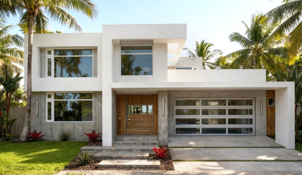 Render 3D de fachada moderna residencial en Puerto Rico con diseño contemporáneo, acabados en concreto, madera natural y garaje moderno en cristal.